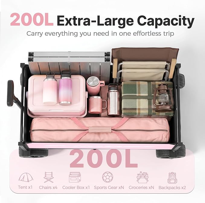EchoSmile Collapsible Wagon Cart for Camping & Beach - Heavy Duty 400lbs Capacity All-Terrain Cart with Wide Wheels, Portable Folding Utility Wagon for Grocery, Garden, Sports,Pink&Gray