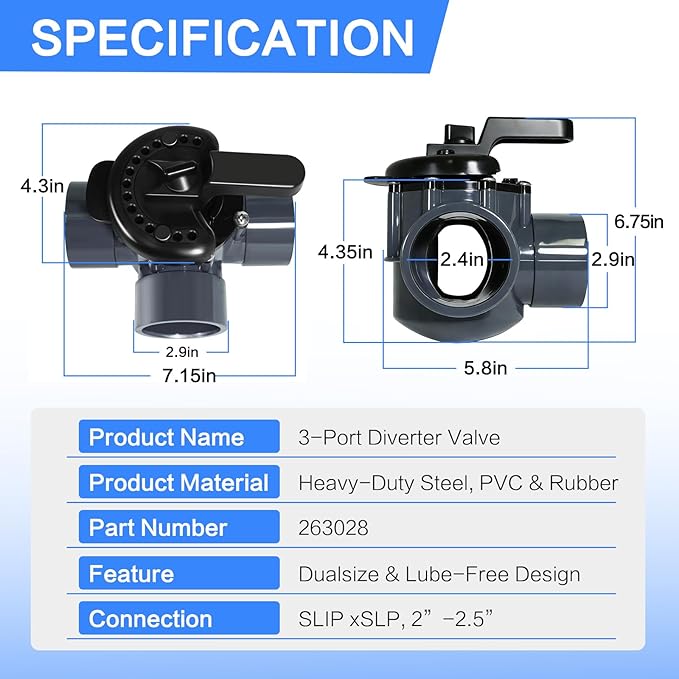 263028 Three Port Diverter Valve Compatible with Pentair, 2 Inch PVC Pool Valve, 3 Way Pool Valve for Swimming Pool Plumbing System, Grey