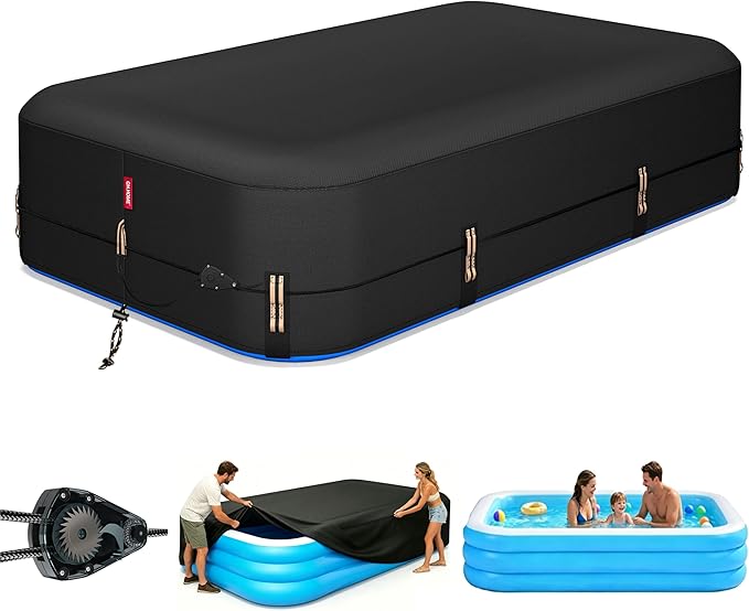 QH.HOME 120"x72" Rectangular Pool Cover for Inflatable Pool,Fits Blow Up Pool Size 10' x 6', Blocks Leaves & Sun, Windproof Snug Fit with Patented Ratchet & Weight Rings to Prevent Slipping