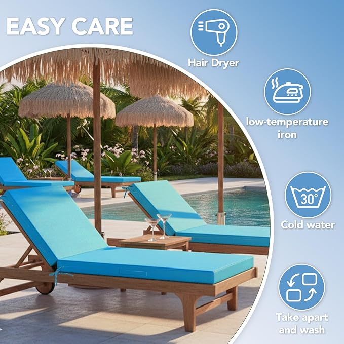 L'AGRATY Outdoor Lounge Chaise Cushion: 72x21x3 Inch Waterproof Lounge Chair Cushion for Outdoor Furniture with Fade Resistant Removable Cover - Patio Lounge Cushions for Pool Lawn Deck(Blue 1Pack)