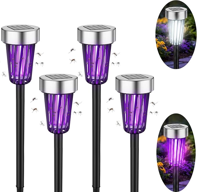 2026 New Solar Bug Zapper Outdoor Waterproof,Mosquito Zapper Rpellent Outdoor Patio,Purple & White Light,Auto-On at Dusk,Effective Fly Insect Gnat Zapper Trap for Yard,Garden,Backyard,Pathway