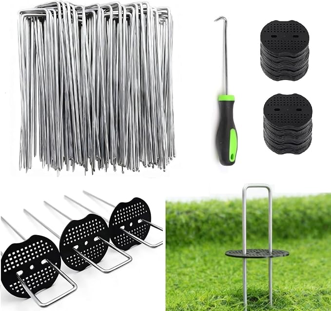 8 Inch 100 PCS Galvanized Landscape Staples with 100 PCS Gasket, Landscape Fabric Pins Stakes Lawn Ground Cover Graden Staples Spikes Weed Barrier Stakes