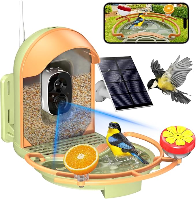 Bird Feeder with Camera, 2K HD Camera Birds Feeder with Bath Wireless Outdoor, Solar Powered Bird Watching with APP Control, Night Vision, Motion Detection Alerts, IP66 Birdfeeder for Backyard, Green