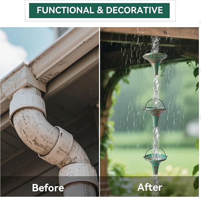 Patina Rain Chain for Gutters, 8.6 FT Decorative Water Chain with 12 Funnel Cups, Crystal Accent, Rust Resistant Outdoor Rain Chain for Garden & Porch