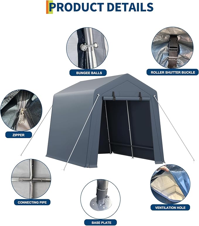 7x10 FT Portable Outdoor Storage Shed with Roll-Up Zipper Door & Vent, 240G Heavy-Duty Shelter Waterproof PE Tarp, UV-Resistant Carport for Motorcycle, Firewood, Tools -Gray