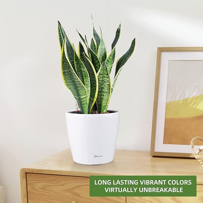 Dexceder 11x10 Self Watering Planter (White High Gloss) | Inner Pot Design, Thickened Table Flower Plant Pot with Water Level Indicator Indoor Outdoor