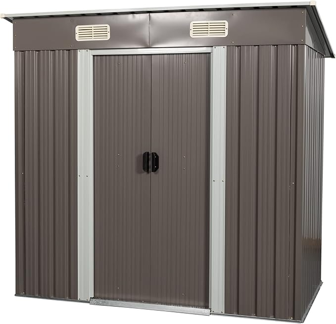 6FT x 4FT Heavy Duty Outdoor Metal Storage Shed, Galvanized Steel Garden Shed with Sliding Lockable Doors, Punched Vents & Foundation Kit, Weather Resistant Backyard Tool Storage House, Grey