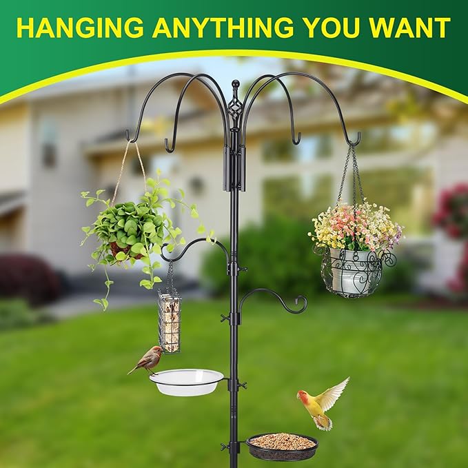MorningRo Adjustable Shepherd Hook Stand, 34"- 55" Black Iron Shepherd Hook with Base for Plant Hanging, Wind Chime & Bird Feeder - Outdoor Garden Porch Decoration(Elegant Style)