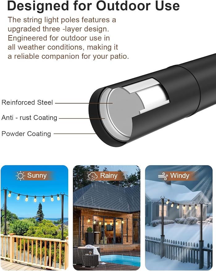 6 Pack String Light Poles for Deck, 5Ft Heavy-Duty Metal Deck Light Poles for Outside with Fixing Clips, Lighting Hanging Post Accessories for Patio Decor Garden Backyard Yard Fence Porch Decorations