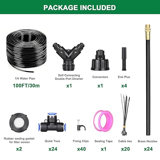 Drip Irrigation System, 2026-Upgrade 100Ft 1/4" Garden Watering System with 24 Pcs 360° Adjustable Copper Nozzles, DIY Kit for Garden, Lawn, Greenhouse, Raised Beds & Outdoor Plants