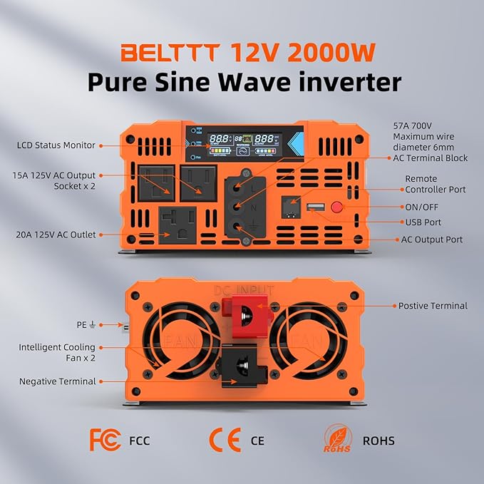 BELTTT 2000W Pure Sine Wave Inverter, Inverter 12V DC to 120V AC for Solar, RV, Truck, Outdoor, Power Inverter with Dual AC and 20A Socket, 5V 2.1A USB, Surge 4000W, Hardwire Port, Remote Controller