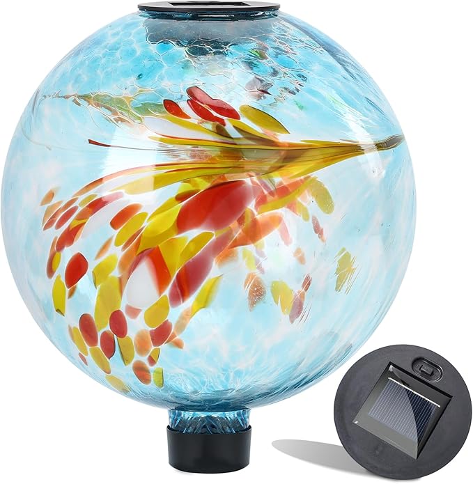 VCUTEKA Solar Gazing Ball, 10" Glass Gazing Balls Sphere with Solar Light for Garden Lawn Outdoor Ornament Yard Decorative, Swirl Lights