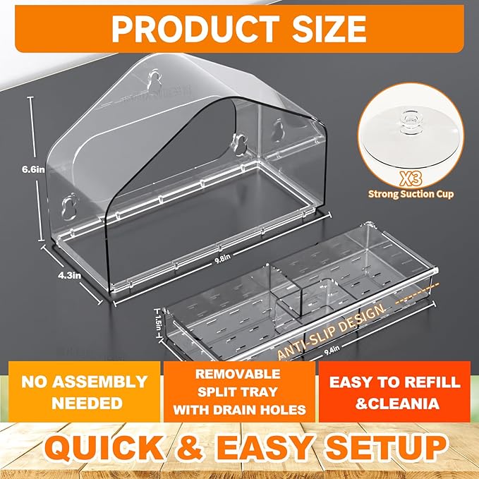 Window Bird Feeder,Powerful Suction Cups,House Bird-Watching Windows,Squirrel Proof Bird Feeder,Drainage Hole,Removable Tray,Large Capacity Seed Storage,The for Bird Lovers