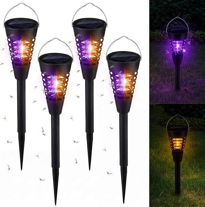 Qualirey 4 Pack Solar Bug Zapper & Mosquito Killer Outdoor Waterproof Cone-Shaped LED Light Mosquito Repellent for Patio, Garden, Yard, Camping - Hanging/Insertion Design (Warm & Purple Light)