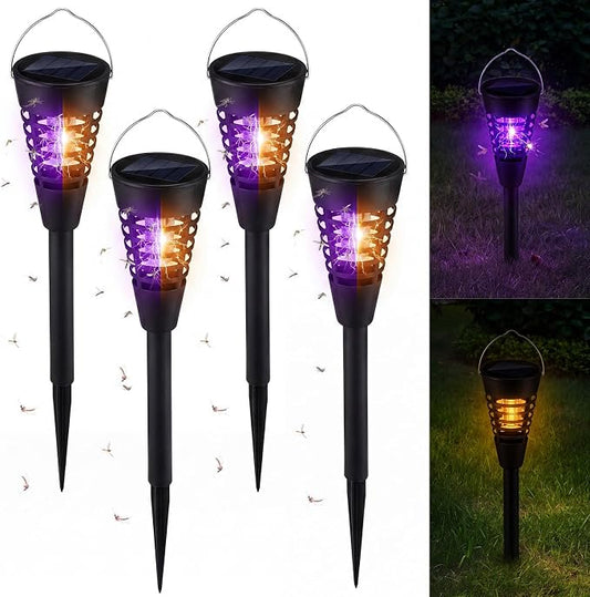 Qualirey 4 Pack Solar Bug Zapper & Mosquito Killer Outdoor Waterproof Cone-Shaped LED Light Mosquito Repellent for Patio, Garden, Yard, Camping - Hanging/Insertion Design (Warm & Purple Light)