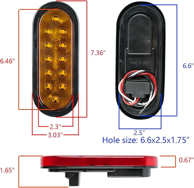 2PCS 6 Inch Oval Red LED Trailer Tail Lights, IP65 Waterproof Surface Mount Stop Brake Turn Signal Lights for Truck RV Boat Marine Camper, DOT Compliant Rear Trailer Lighting Kit (Yellow, 12 LED)