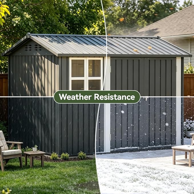 COMHOMA Outdoor Storage Shed with Window,Metal Lockable Garden Toolhouse, Ventilated Weather-Resistant Backyard Utility Workshop for Storage(Light Grey,8x6ft)