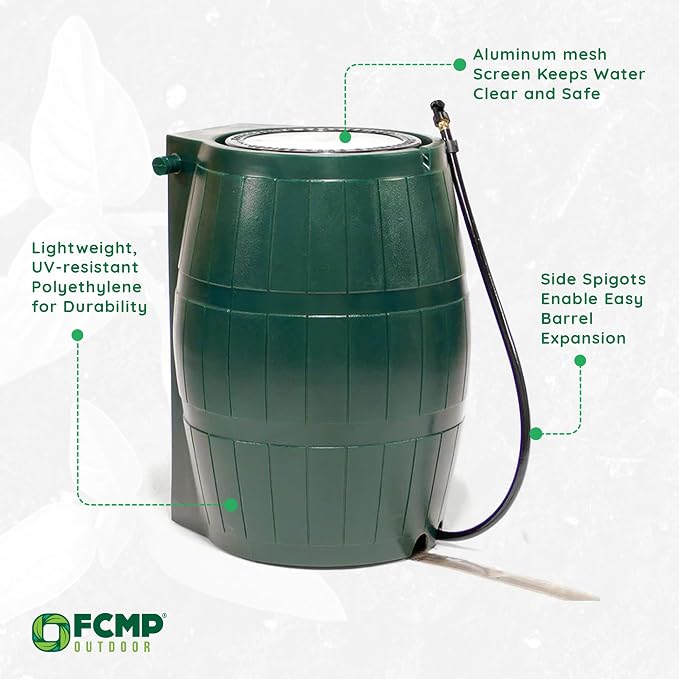 FCMP Outdoor Raincatcher, Flat-Back Rain Barrel with Spigots, 50 Gallon, Green