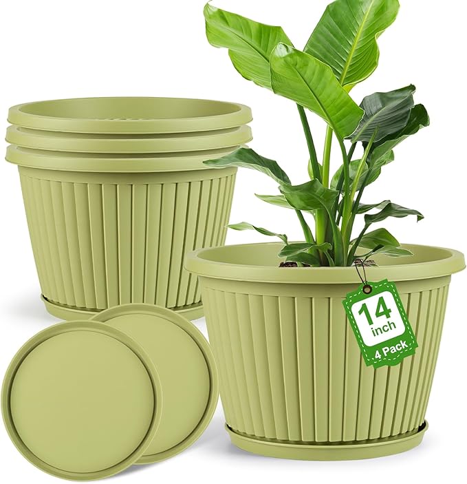 14-inch-Large-Planters-for-Outdoor-Plant，Plastic Indoor Flower Pots with Drainage Holes & Saucer，4 Packs Decorative Garden Pots for Plantfor Home Porch Decor