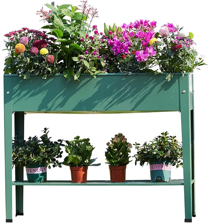 Raised Garden Bed, Elevated Green Metal Plant Box with Legs, Standing Garden Stand with Drainage Holes (40" L x 11" W x 31" H)