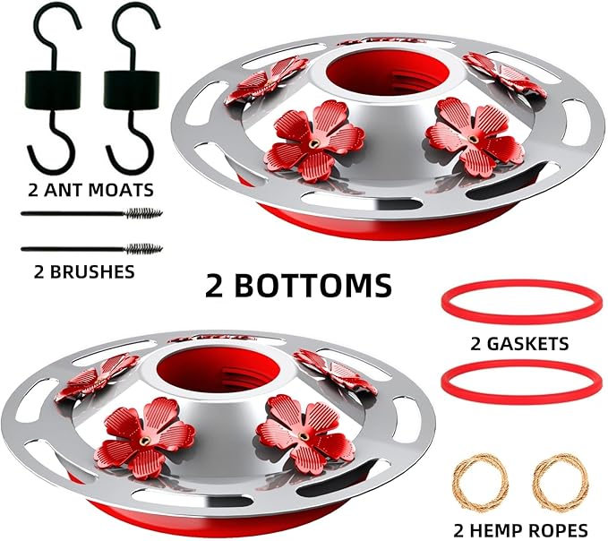 2 Pack Hummingbird Feeder Base Replacement Part Accessories Set - Includes 2 Pcs Bottom Base, Moat Hooks, Seal Rings, Brushes and Hanging Ropes (2, Silver-2)