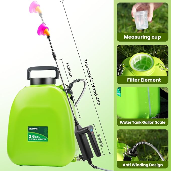 Battery Powered Backpack Sprayer 2.6Gallon, Electric Sprayer with 3-Adjustable Sprayings, Battery Indicator, 5 Nozzles, 41" Retractable Wand, Rechargeable Garden Sprayer for Weed, Lawn&Yard
