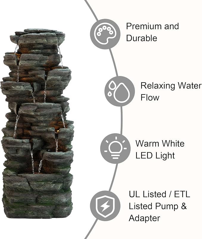 Glitzhome Outdoor Water Fountain, 9-Tiered Rock Floor Fountain with Cascading Water, 39.25" H Polyresin Waterfall Fountain with Pump and LED Light Outdoor Water Feature for Garden Yard Patio Porch