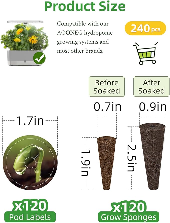 240pcs Hydroponics Seed Pod Kit: 120 Grow Sponges, 120 Pod Labels - Grow Anything Kit for Indoor Garden,Compatible with Hydroponics Growing System from All Brands(240pcs)