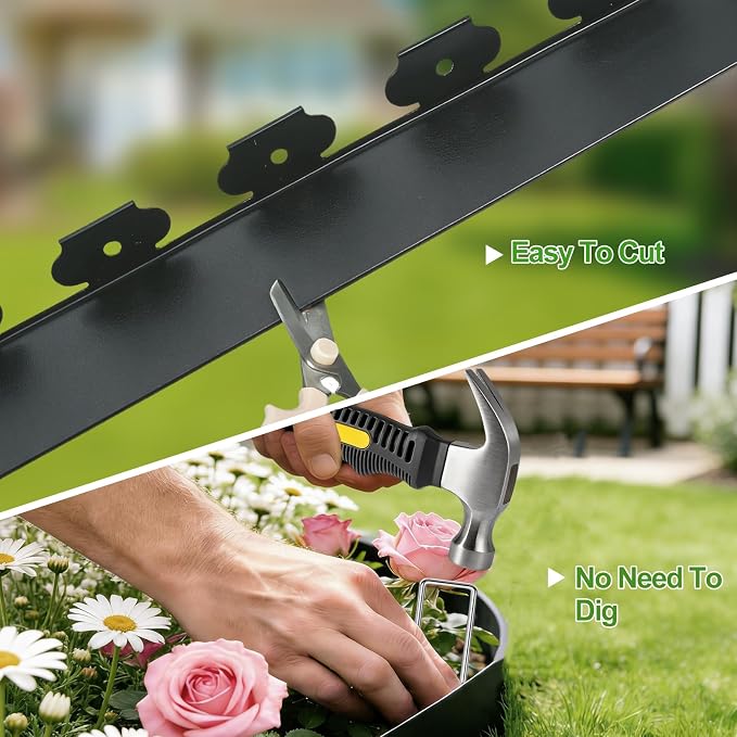 SPECILITE Landscape Edging 4 in x 40 FT, Flexible No-Dig Garden Border with 60 Galvanized Steel Stakes & Hammer, Landscaping Edging Kit for Garden Flower Beds, Yard, Lawn, Pathways, Black