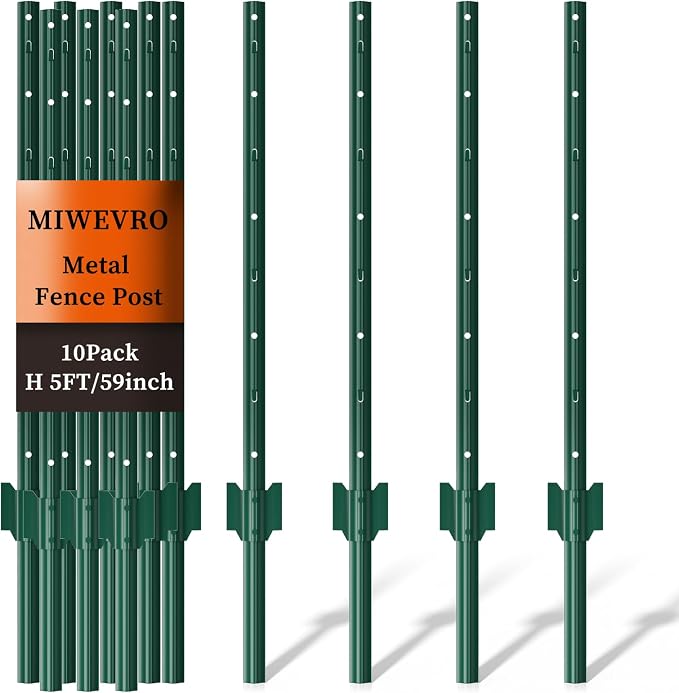 10 Pack Metal Garden Fence Posts 5 FT Green – Heavy Duty U-Post for Wire Fencing, No-Dig Fence Stakes for Temporary Fencing, Corner Anchor Posts, Rustproof Powder-Coated Steel for Farm, Yard & Garden