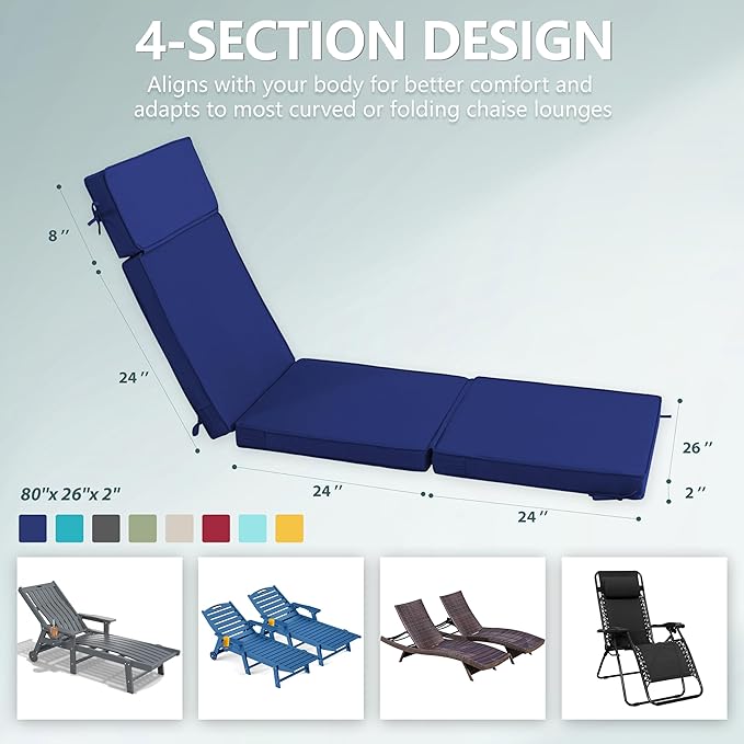 80 x 26 Inch Outdoor Chaise Lounge Cushions Set of 4 - Removable Cover, 4-Section Design, Water-Repellent & Fade-Resistant, 6 Tie Straps, Replacement for Patio & Pool Chairs - Navy