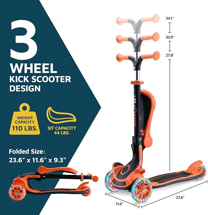 3 Wheel Scooter for Kids with Foldable Seat, Adjustable Handlebar Height, Lean-to-Steer Ride On Toy for Kids Ages 2+, Light-Up LED Wheels, Wide Anti Slip Deck, Indoor & Outdoor Use