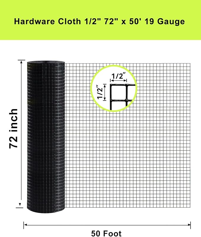 Black Hardware Cloth 72'' x 50' 1/2 inch Mesh 19 Gauge - PVC Coating Wire Mesh Rolls Vinyl Coated Wire Fence Roll Garden Fencing Chicken Run Mesh Screen