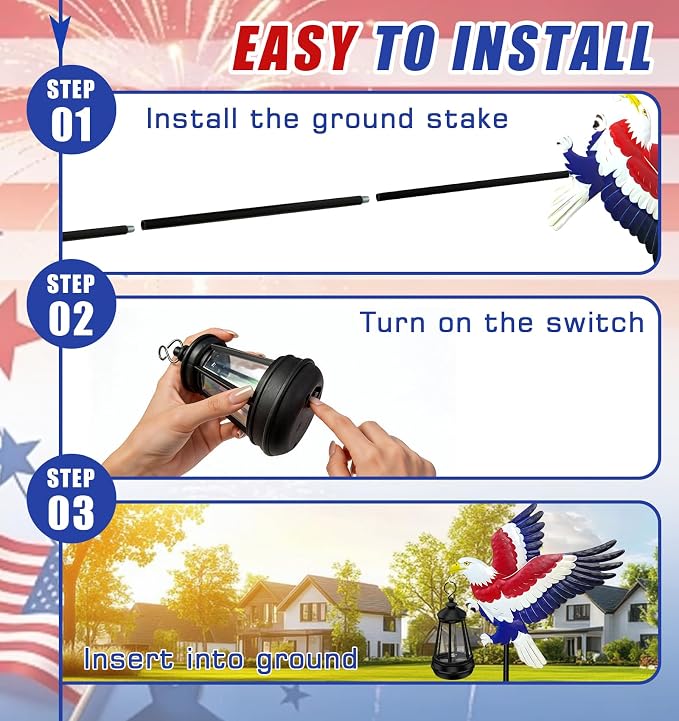 Solar Lights Outdoor Waterproof Eagle Garden Decor,29.9in Metal Eagle with Solar Lights,250th Anniversary America Eagle Patriotic Decorations Outdoor,Decorative Garden Stakes for Yard Art Patio Porch