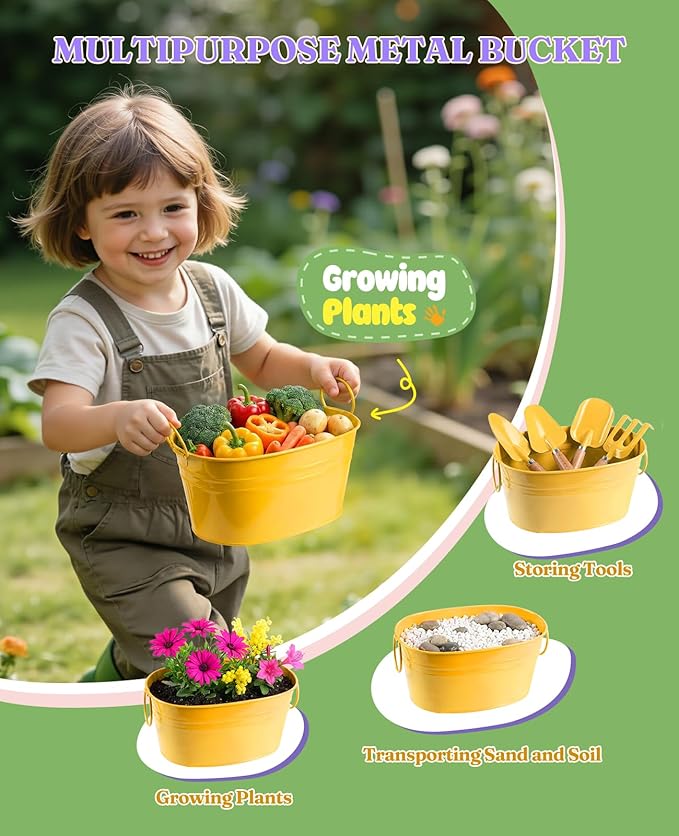 8Pcs Kids Gardening Set with Metal Basket & Real Metal Tools, STEM Outdoor Kit, Ergonomic Wooden Handles, 3 Shovels, Rake, Watering Can, Gloves, Gift for Toddler Boys Girls, Yellow
