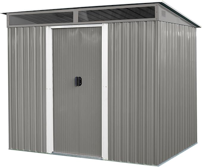 YOPTO 8FT x 6FT Outdoor Metal Storage with Lockable Sliding Doors and Transparent Plate,Waterproof Cabinet w/Ventilation & Foundation,Garden Organizer Tool House for Backyard Patio,Gray