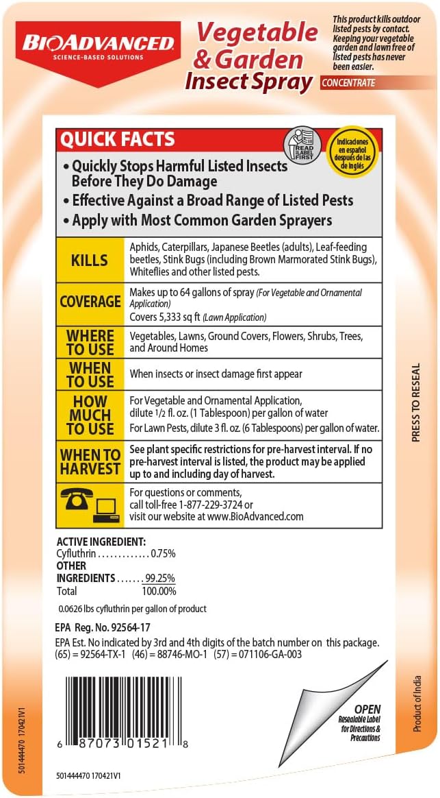 BioAdvanced Vegetable and Garden Insect Spray, Concentrated Insecticide, 32-Ounce, Plant Pest Spray