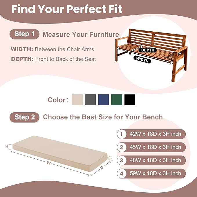 Outdoor Bench Cushions for Outdoor Furniture, 48x18 Inch, Waterproof Patio Furniture Cushion, Fade Resistant Bench Cushions for Porch Swing, Long Bench, Indoor, Beige