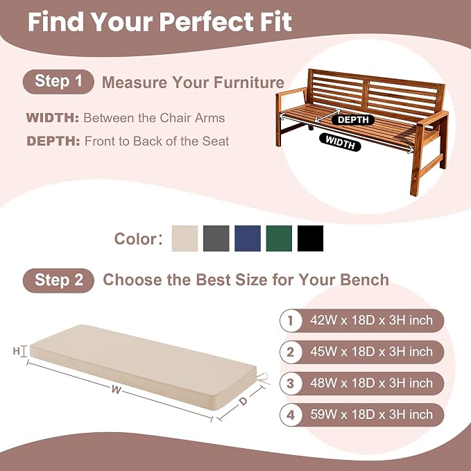 Outdoor Bench Cushions for Outdoor Furniture, 42x18 Inch, Waterproof Patio Furniture Cushion, Fade Resistant Bench Cushions for Porch Swing, Long Bench, Indoor, Beige