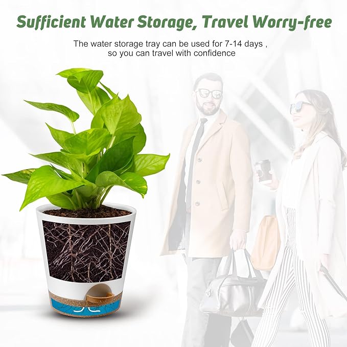YNNICO Indoor Self Watering Planters with Drainage Holes and Saucers, 8, 7, 6.5, 6, 5.5, 5 Inches, White, 6 Pots