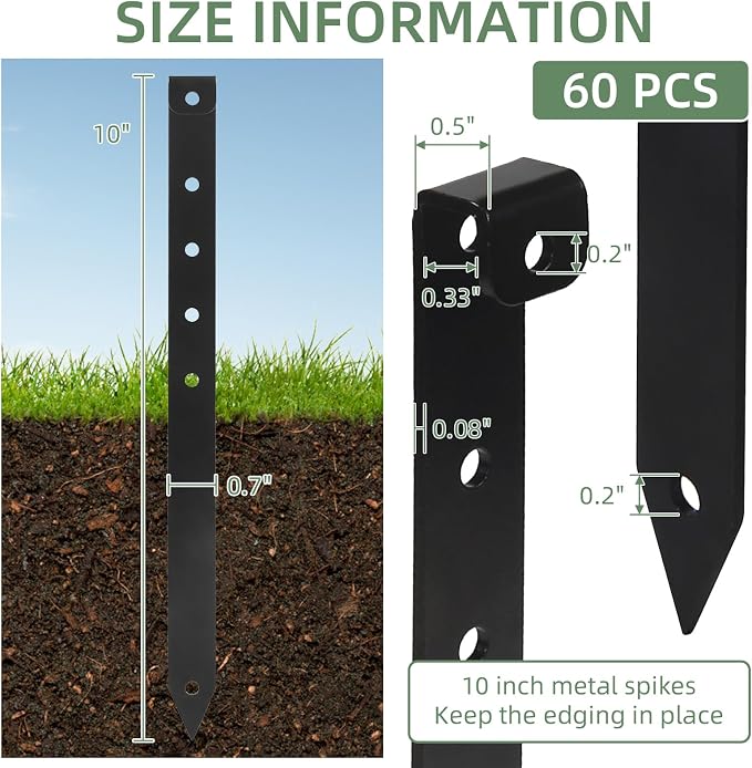 Metal Landscape Edging Stakes, 10 Inch Garden Stakes Carbon Steel Landscape Anchoring Stake for Grass Barriers, Landscape Edging Coil, Terrace Board, Garden Liner, 60 Pcs
