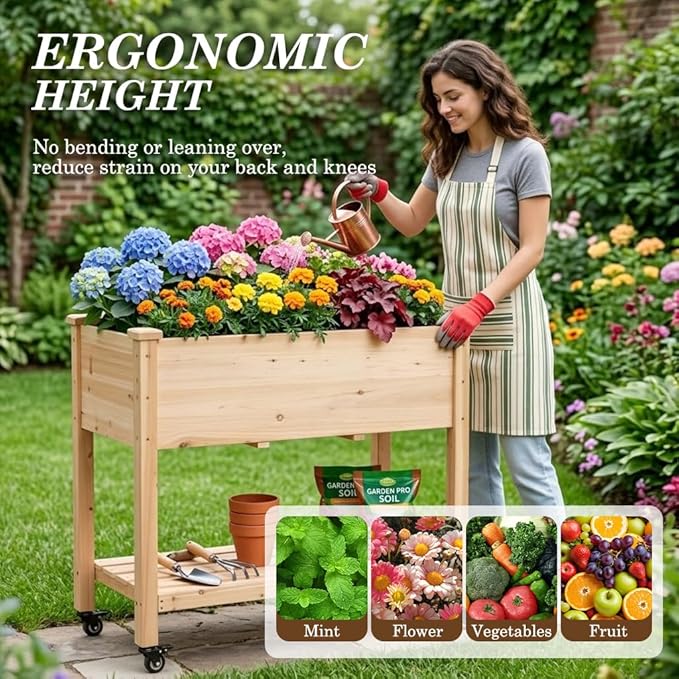 Raised Garden Bed with Lockable Wheels, 40x24x32 inch Elevated Wood Planter with Storage Shelf Protective Liner for Vegetable Flower Herb Outdoor Balcony Patio Backyard, Natural