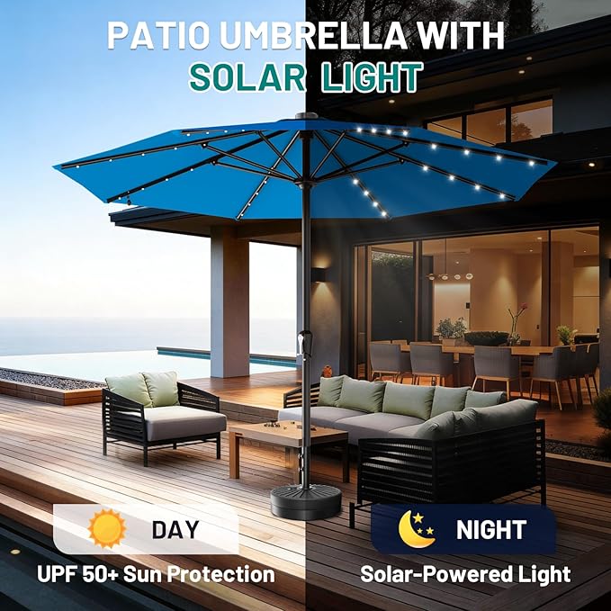AreShark 11FT Large Patio Umbrella with Solar Lights, Lighted Solar Umbrella with Crank, Outdoor Table Market Umbrellas for Garden, Deck, Backyard, Pool and Beach, Royal Blue