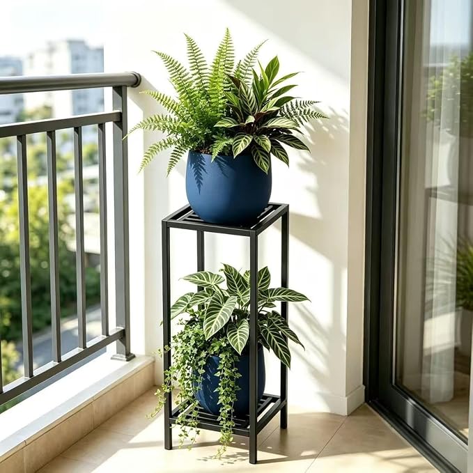 Zhongma 2 Tier 30" Tall Indoor Outdoor Plant Stand, 12 L x 12 W x 30 H inch, Heavy Duty Square Metal Flower Stand for Patio, Home, Garden, 220 LBS Capacity & Heavy Duty Construction