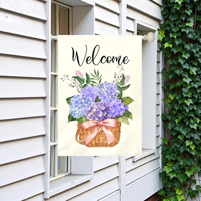 Hydrangea Welcome Garden Flag Large 28x40 Inch Spring Summer Watercolor Floral Outdoor House Banners Blue Purple Hydrangeas Basket Flowers Porch Yard Flags for Outside Seasonal Home Decor