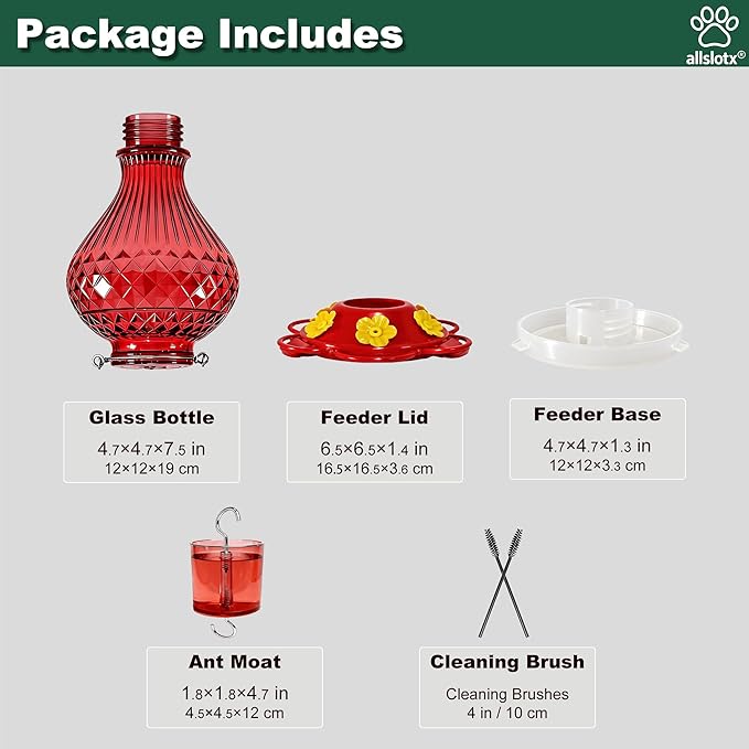 Glass Hummingbird Feeder for Outdoors Hanging, 20 oz Nectar Capacity, 6 Feeding Ports, Leak-Proof Rust-Free Plastic Base, Easy to Refill & Clean, Decorative Red Glass Bird Feeder for Garden Patio