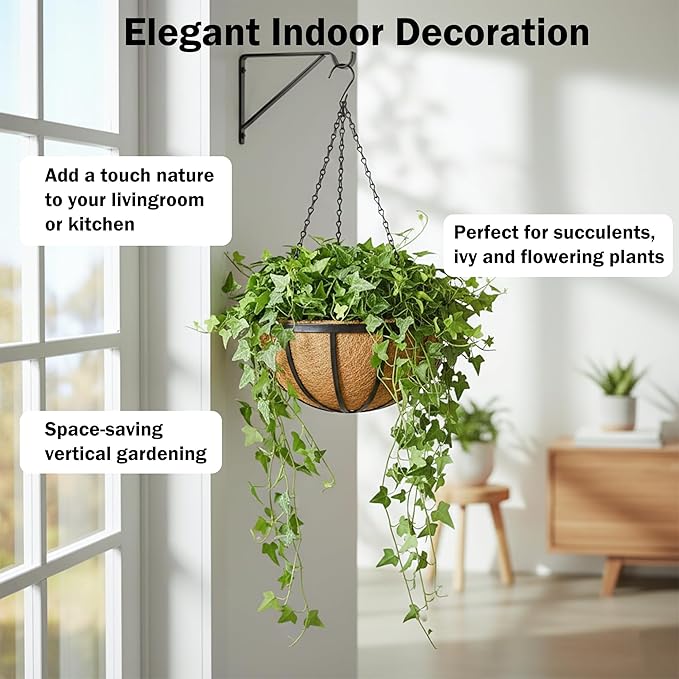 2 Pack 14 Inch Round Hanging Basket with Coco Liners， Metal Hanging Baskets for Plants Outdoor， Hanging Planter with Chain Garden Products for Outdoor, Porch, Lawn, Garden
