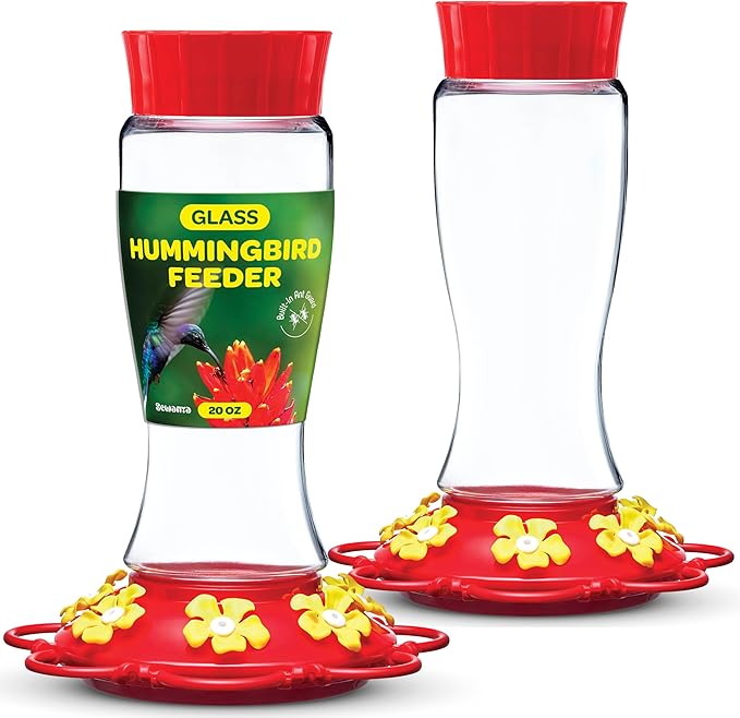 Hummingbird Feeder 20 oz [Set of 2] Glass Hummingbird Feeders for Outdoors, with Built-in Ant Guard - Circular Perch with 5 Feeding Ports - Wide Mouth for Easy Filling/2 Part Base for Easy Cleaning