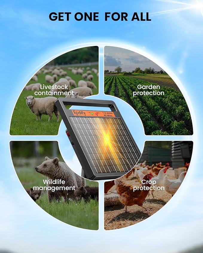 Solar Electric Fence Charger 1.2J Stored Energy, 45 Miles Coverage,8W Solar Fence Energizer with 10000mAh Battery,7–11kV Output, Smart Alarm, All-Weather Fence Charger for Cattle, Horses & Farms
