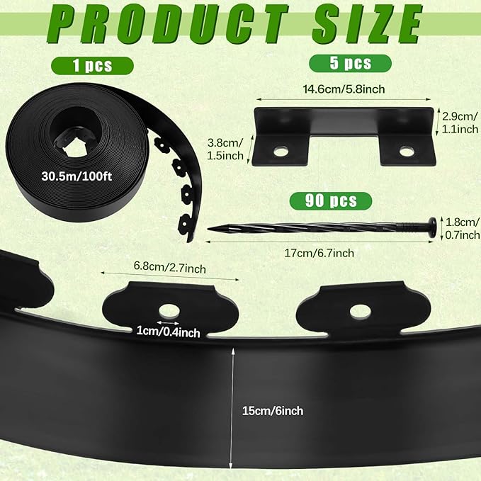 6'' x 100' Landscape Edging Kit Plastic Garden Edging Border Coil No Dig Include 90 Anchoring Spikes for Lawn Garden Grass Yard Home School, Black